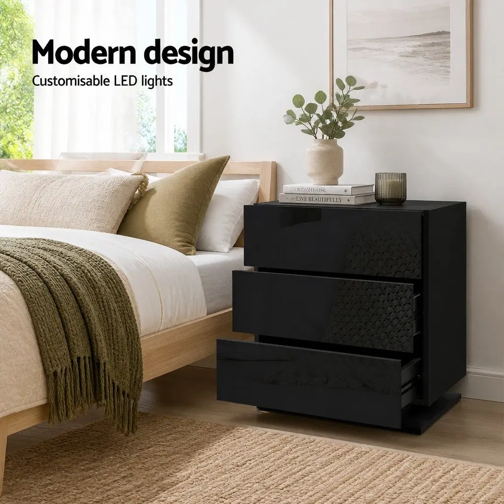 Black Bedside Table with LED Light and Storage