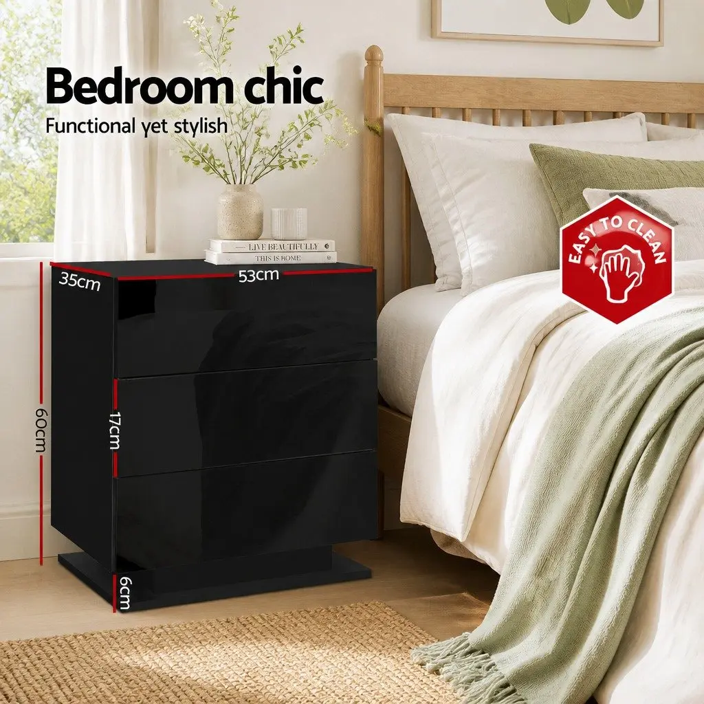 Black Bedside Table with LED Light and Storage