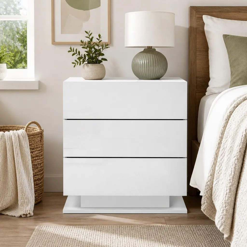Bedside Table Particle Board MDF 53cm x 35cm x 60cm White Modern with LED Lighting 3 Drawers