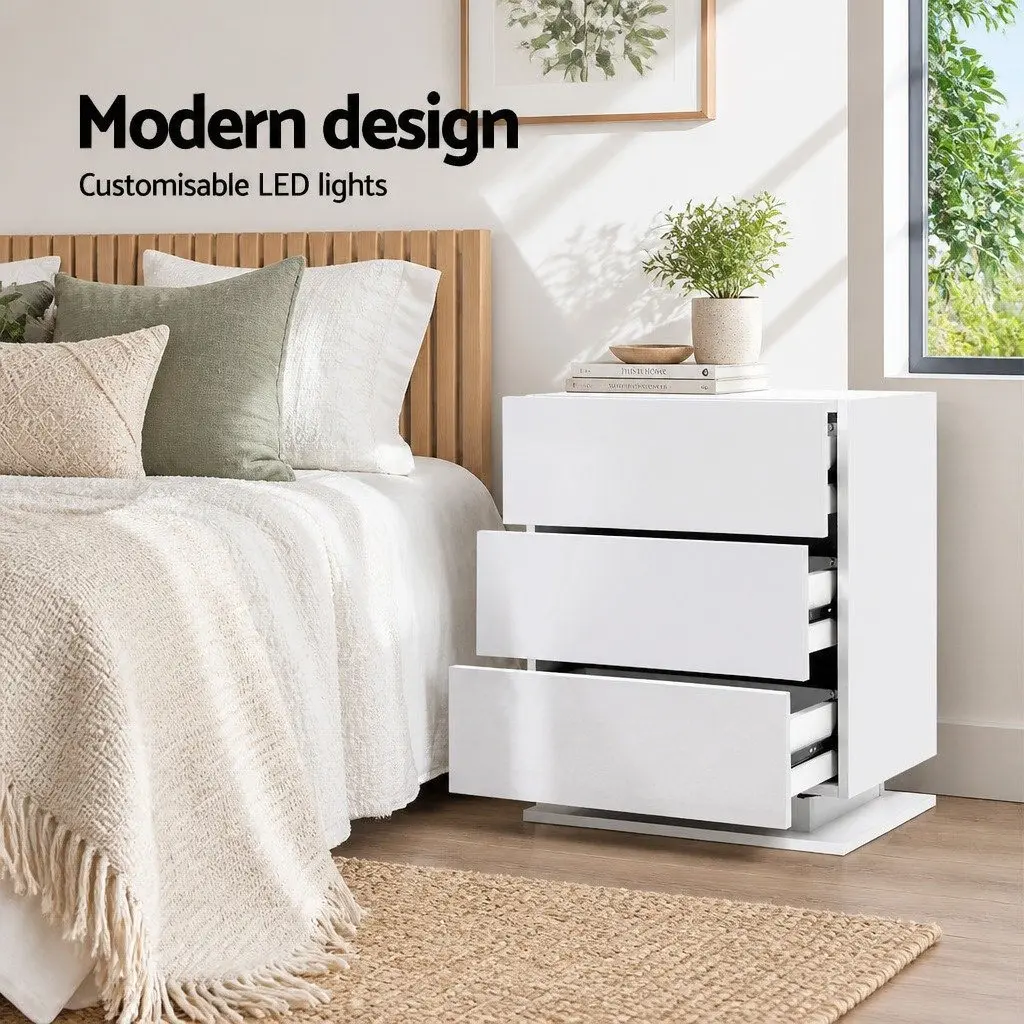 Bedside Table Particle Board MDF 53cm x 35cm x 60cm White Modern with LED Lighting 3 Drawers