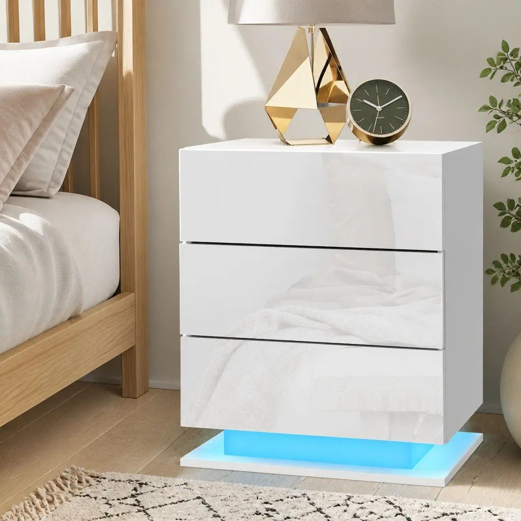 Bedside Table Particle Board MDF 53cm x 35cm x 60cm White Modern with LED Lighting 3 Drawers