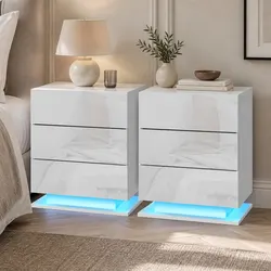 Modern White Bedside Table with LED Lighting and 3 Drawers