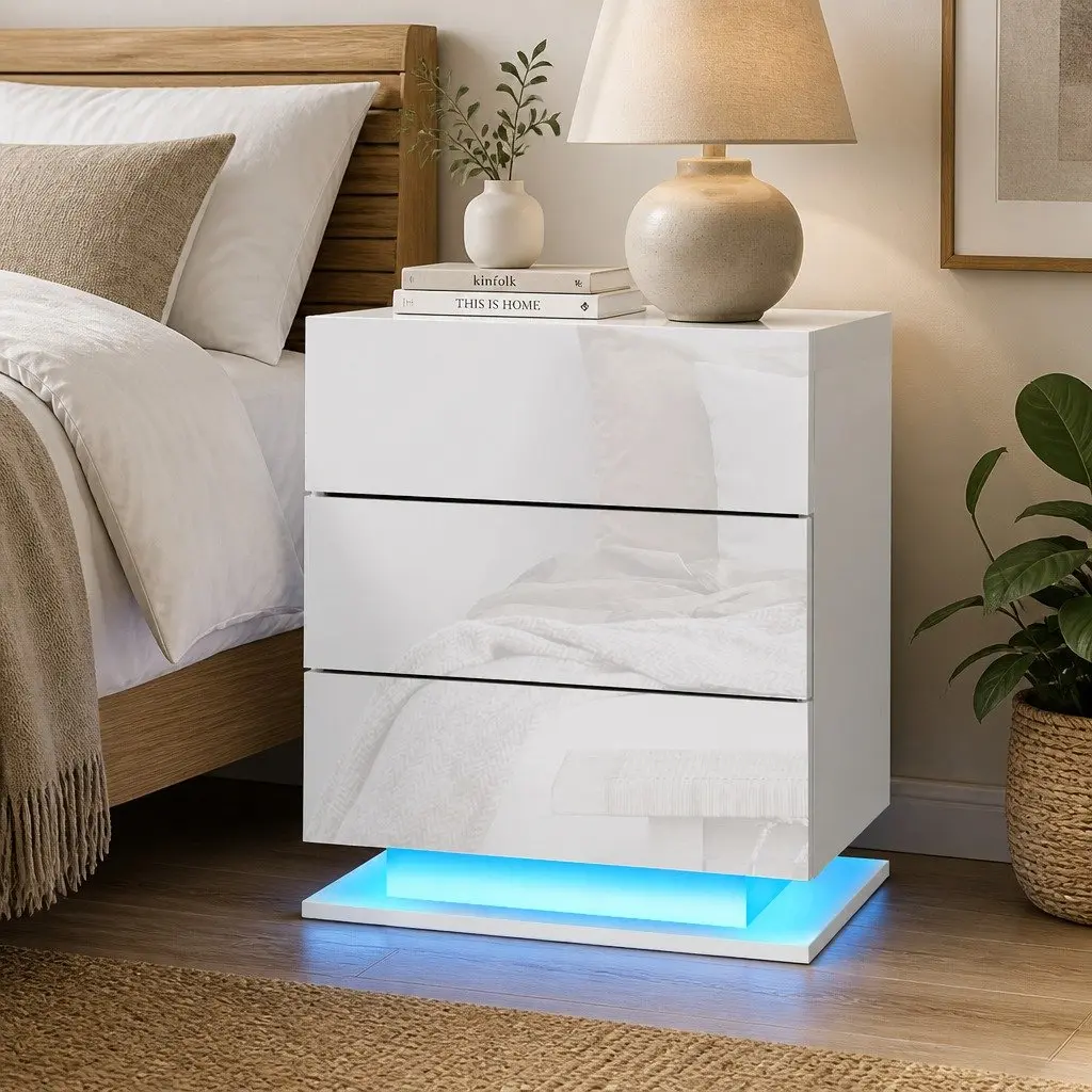 Bedside Table Particle Board MDF 53cm x 35cm x 60cm White with LED Lighting 3 Drawers