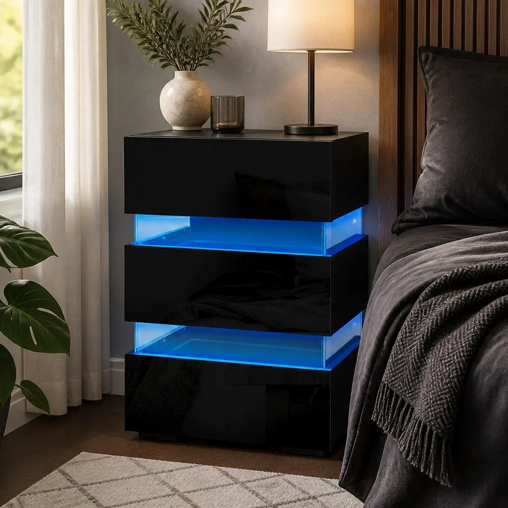 Black Bedside Table with LED Light & 3 Drawers