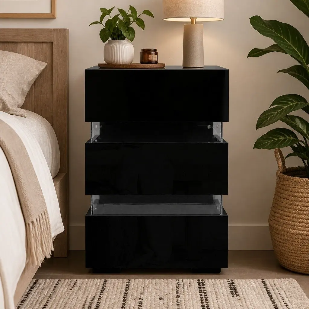 Black Bedside Table with LED Light & 3 Drawers