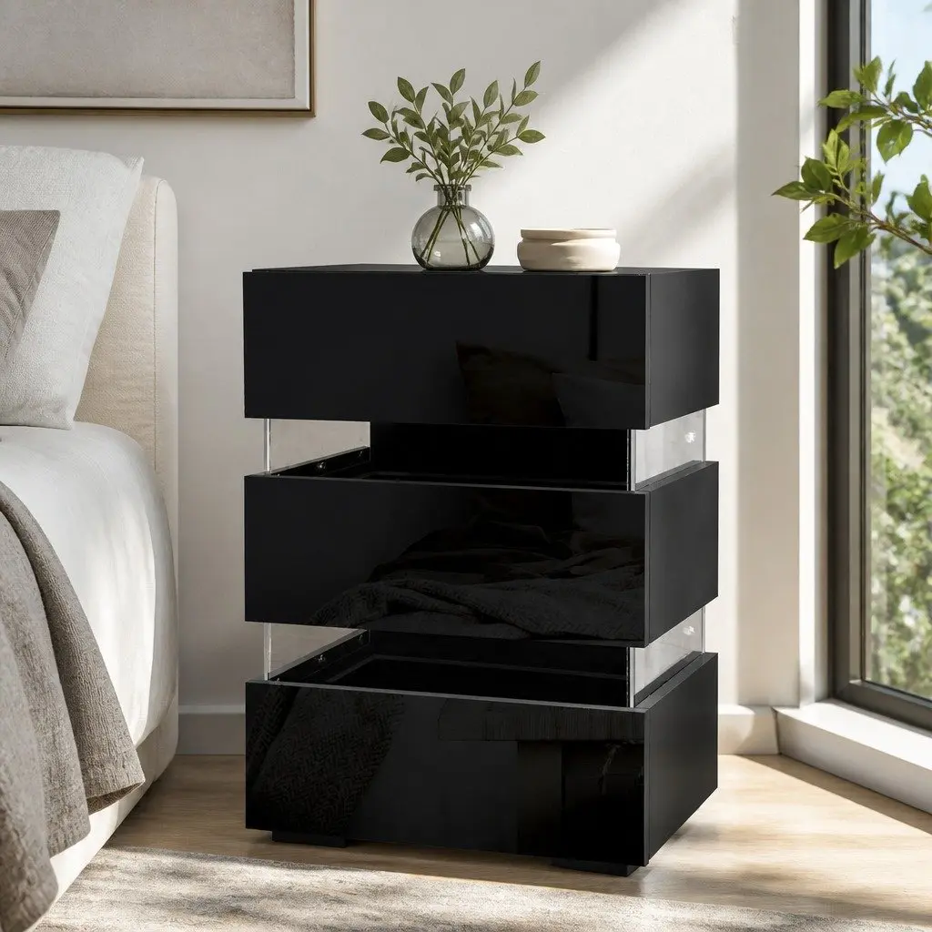 Black Bedside Table with LED Lighting and 3 Drawers