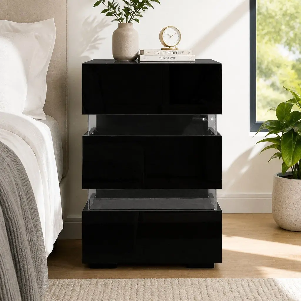 Black Bedside Table with LED Lighting and 3 Drawers
