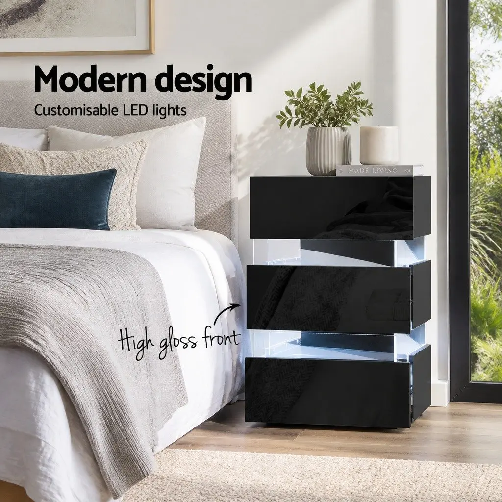 Black Bedside Table with LED Lighting and 3 Drawers