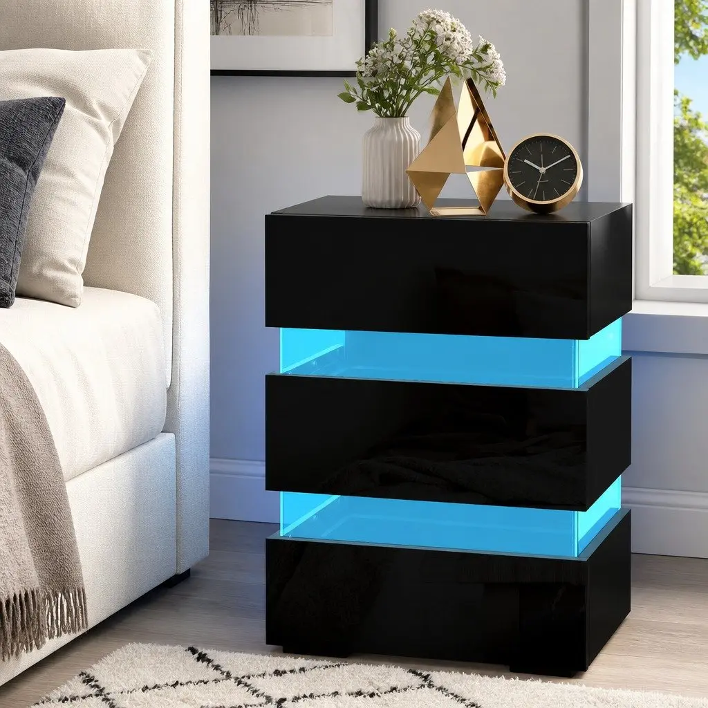 Black Bedside Table with LED Lighting and 3 Drawers