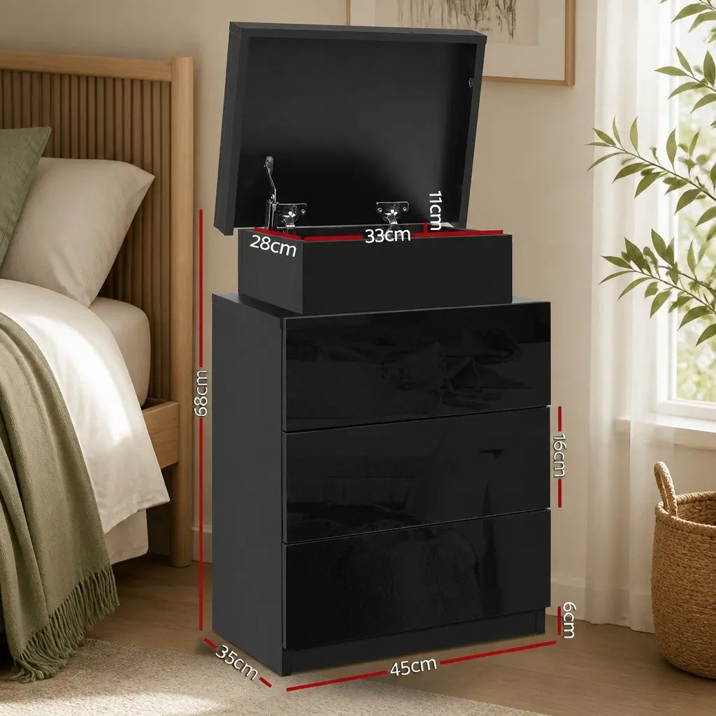 LED-Illuminated Black Bedside Table with 3 Drawers
