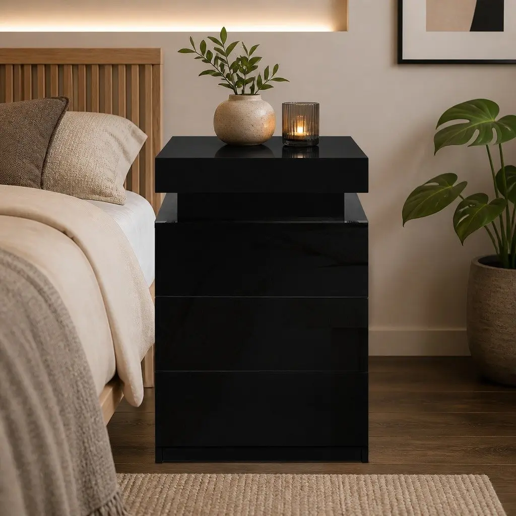 LED-Illuminated Black Bedside Table with 3 Drawers