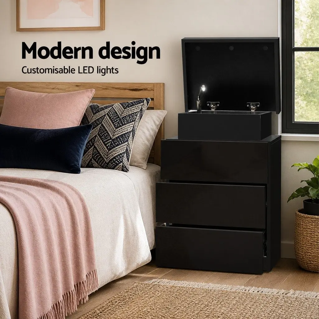 LED-Illuminated Black Bedside Table with 3 Drawers