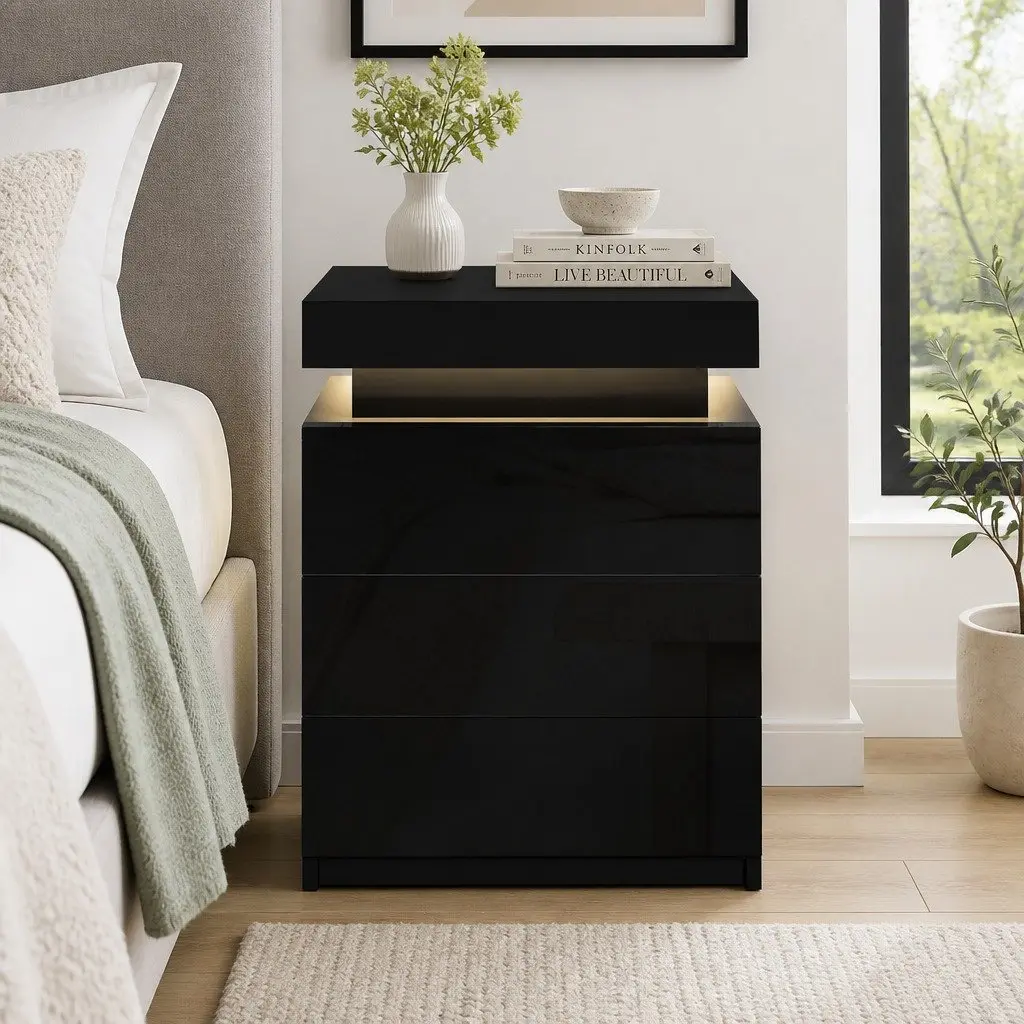 Black Bedside Table with Custom LED Lighting