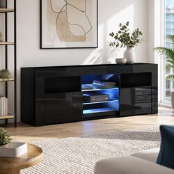 160cm Black LED Entertainment Unit with Open Shelves