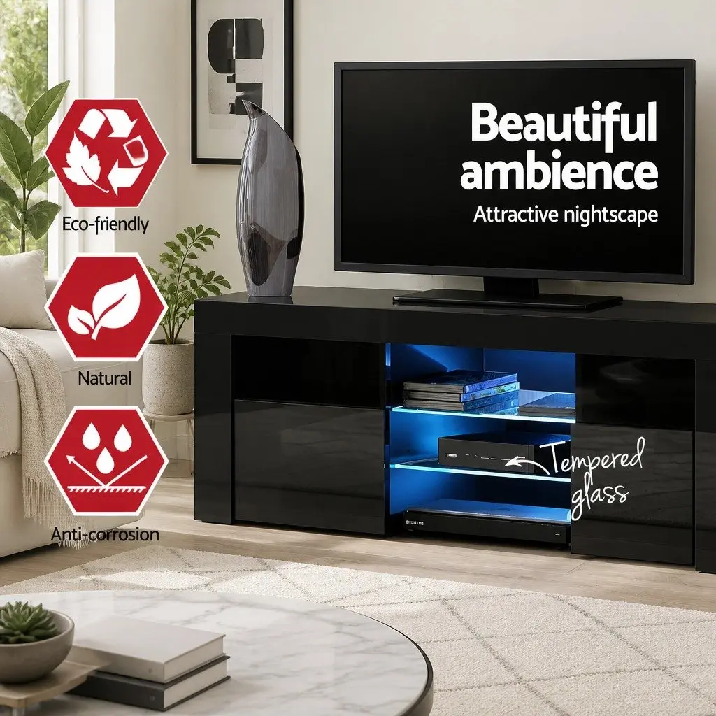 160cm Black LED Entertainment Unit with Open Shelves