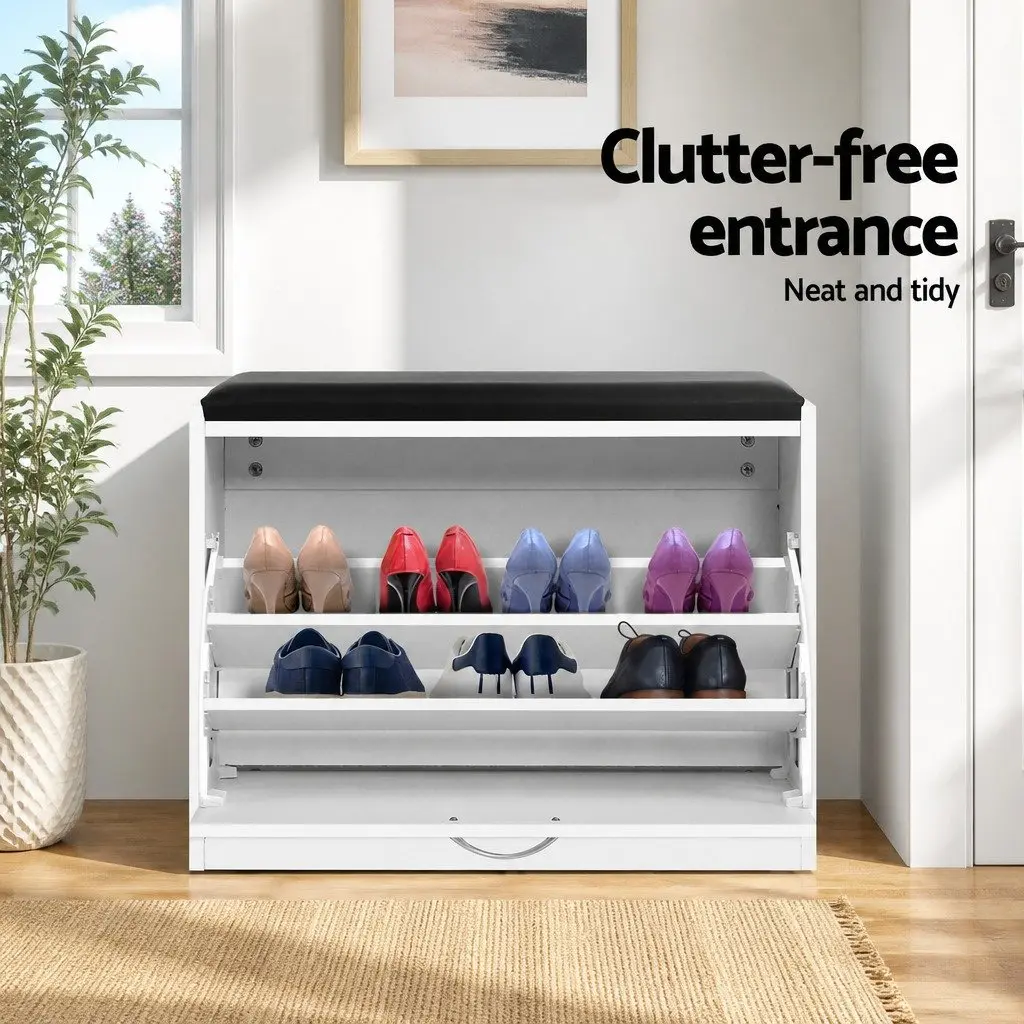 Shoe Storage Bench Cabinet Particle Board PU Leather White 63cm x 30cm x 48cm