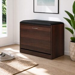 Walnut Shoe Rack Bench with 15-Pair Storage