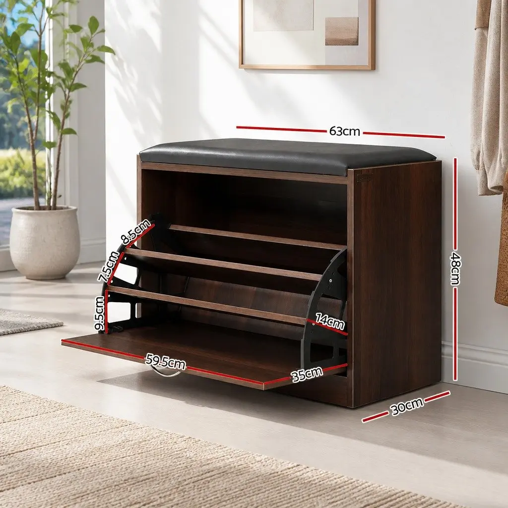Shoe Storage Bench Particle Board PU Leather Walnut 63cm x 30cm x 49cm