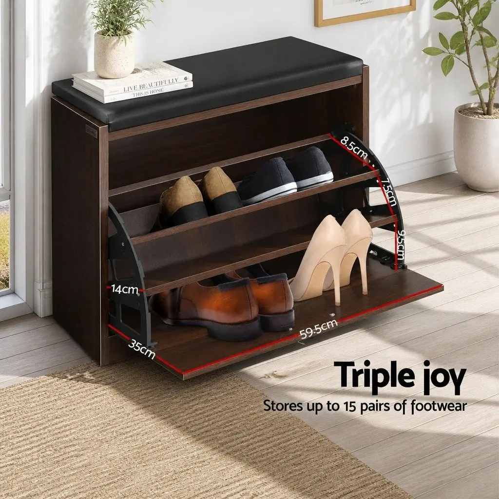 Shoe Storage Bench Particle Board PU Leather Walnut 63cm x 30cm x 49cm