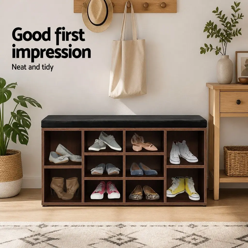 Walnut Shoe Rack Cabinet Bench with 10 Compartments