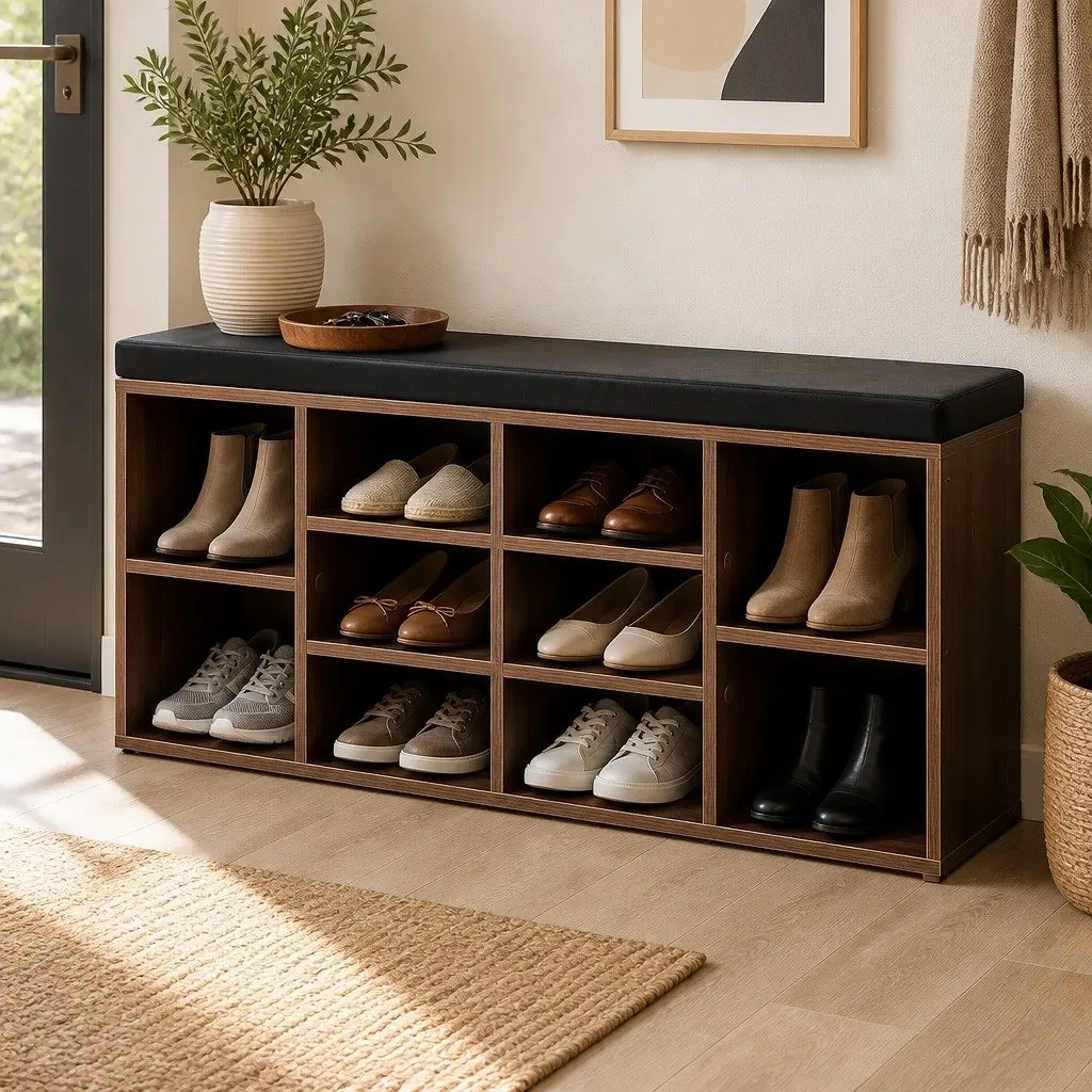 Walnut Shoe Rack Cabinet Bench with 10 Compartments