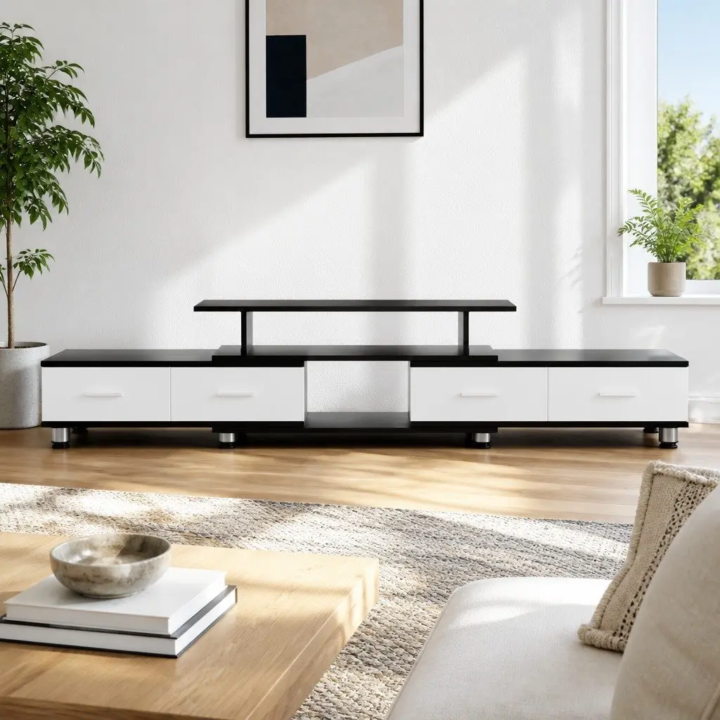 TV Unit Entertainment Cabinet Particle Board Expandable 160cm to 222cm Black White