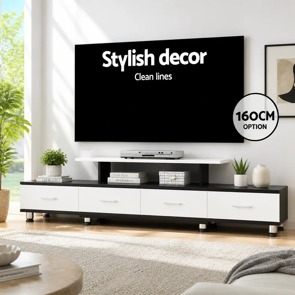 TV Unit Entertainment Cabinet Particle Board Expandable 160cm to 222cm Black White