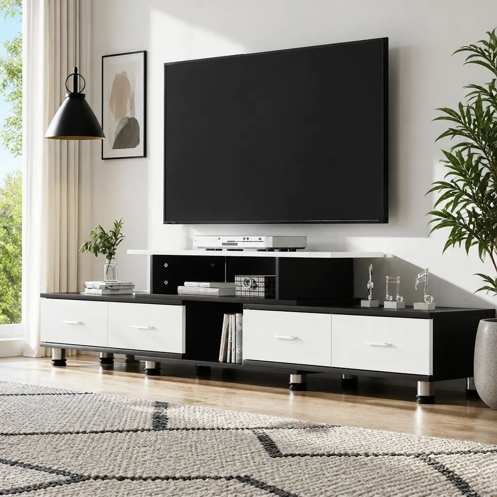 TV Unit Entertainment Cabinet Particle Board Expandable 160cm to 222cm Black White