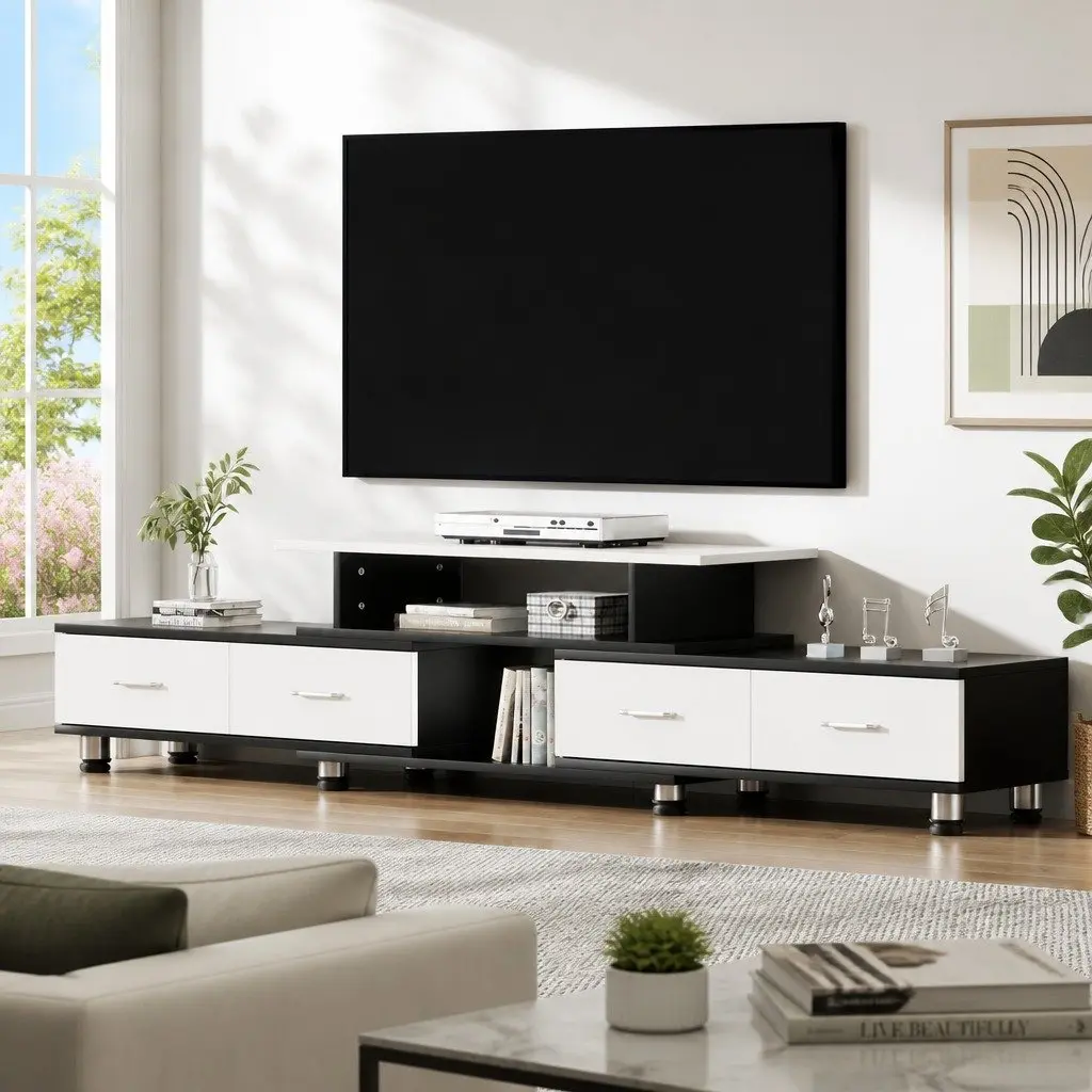 TV Unit Entertainment Cabinet Particle Board Expandable 160cm to 222cm Black White
