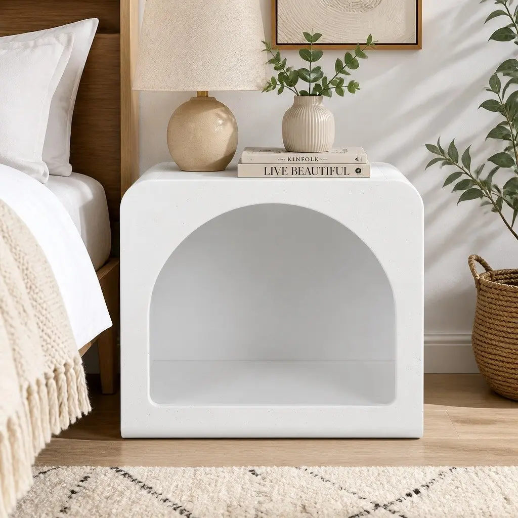 Bedside Table with Shelves Side End Table Nightstand Storage White Arched Design