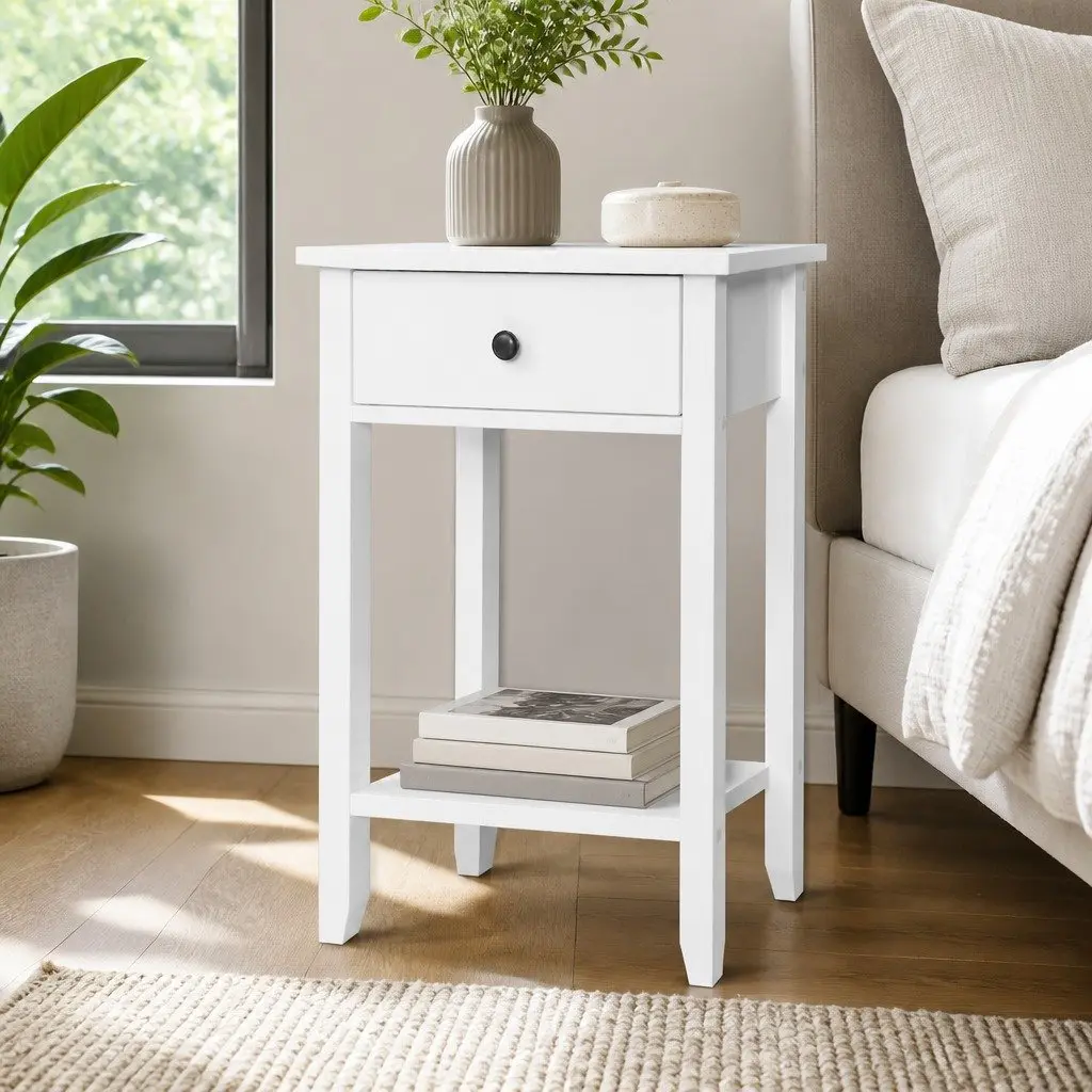 White Bedside Table with Drawer and Shelf