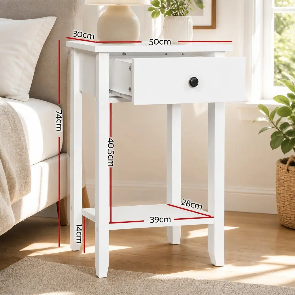 White Bedside Table with Drawer and Shelf
