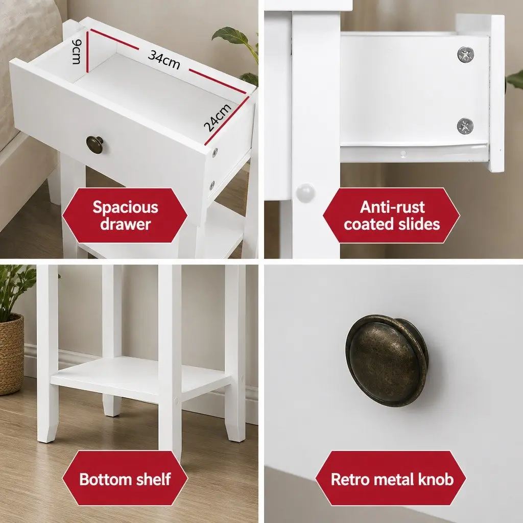 White Bedside Table with Drawer and Shelf