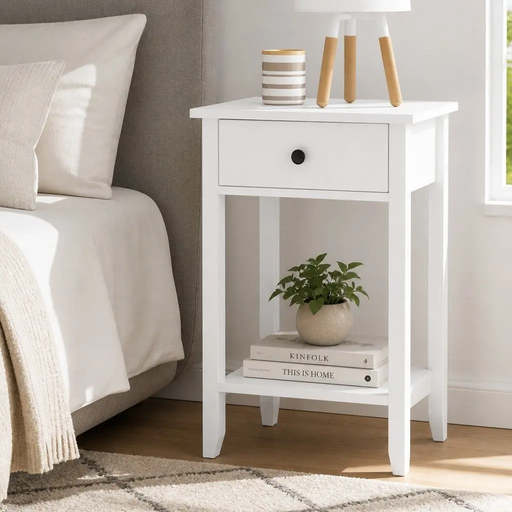 White Bedside Table with Drawer and Shelf