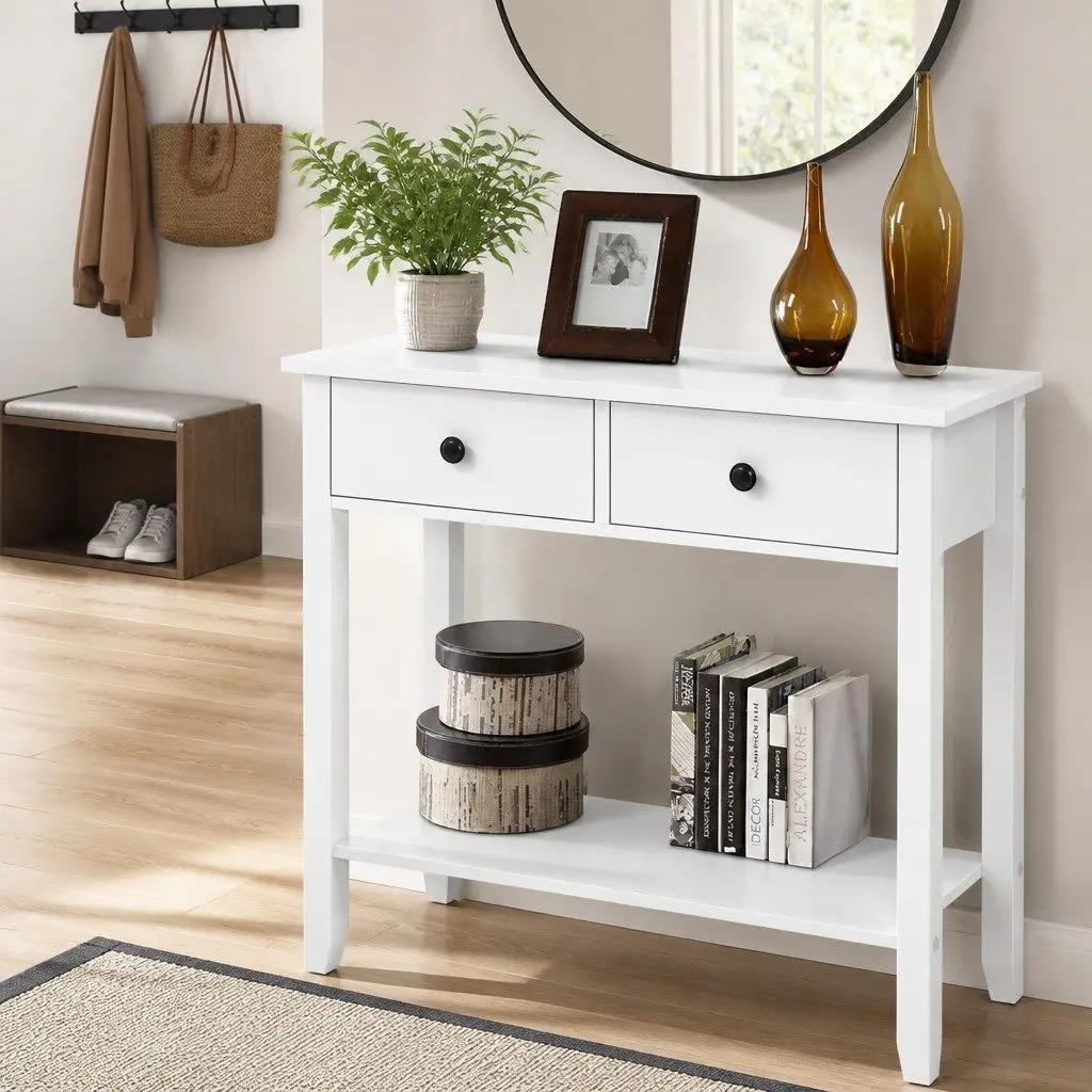 White Console Table with 2 Drawers and Shelf