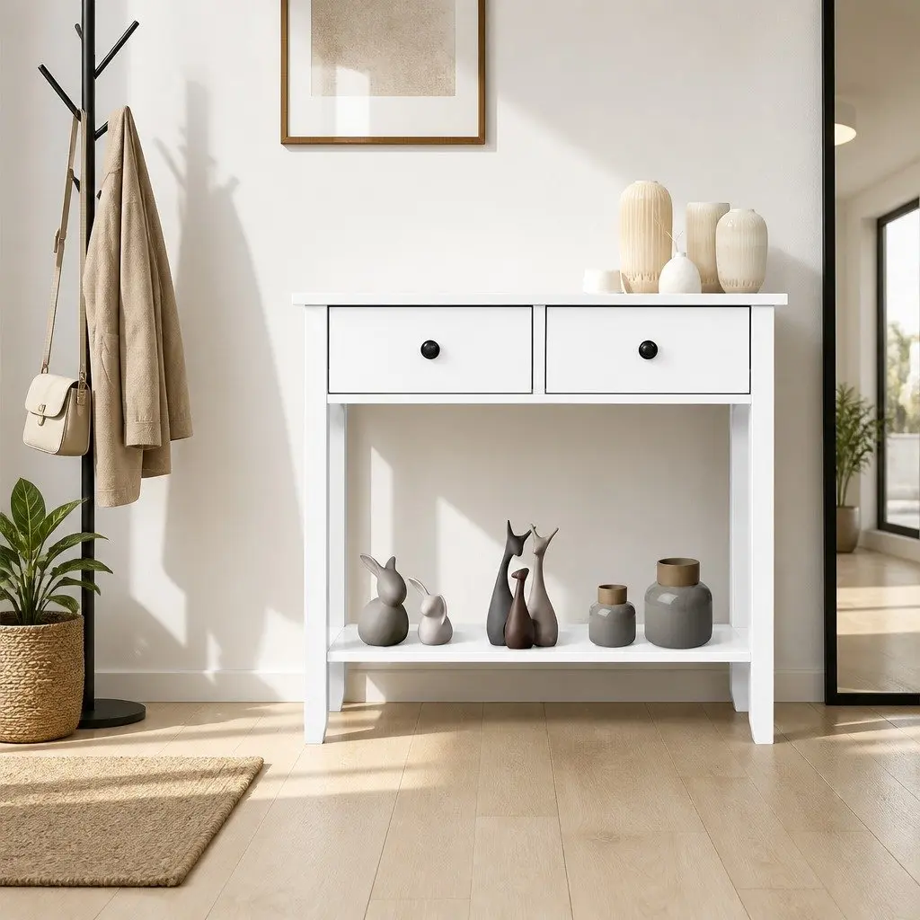 White Console Table with 2 Drawers and Shelf