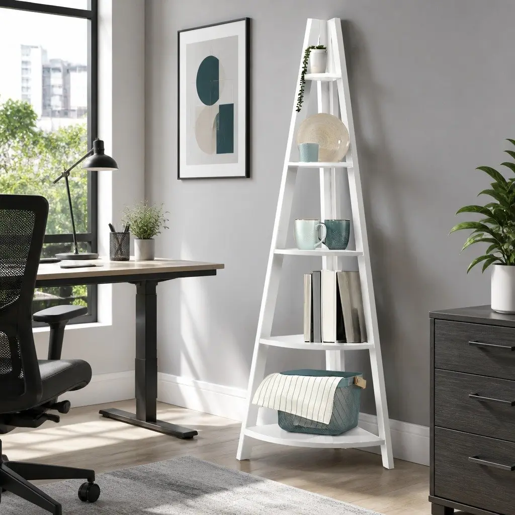 5-Tier White Corner Ladder Shelf for Storage