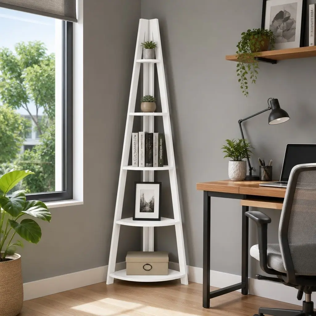 5-Tier White Corner Ladder Shelf for Storage