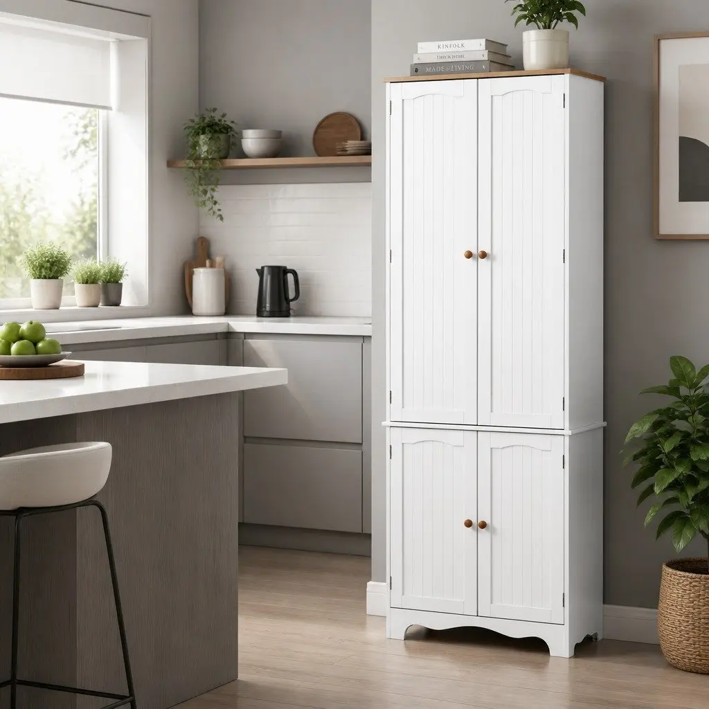 White Tall Cupboard with Ample Storage