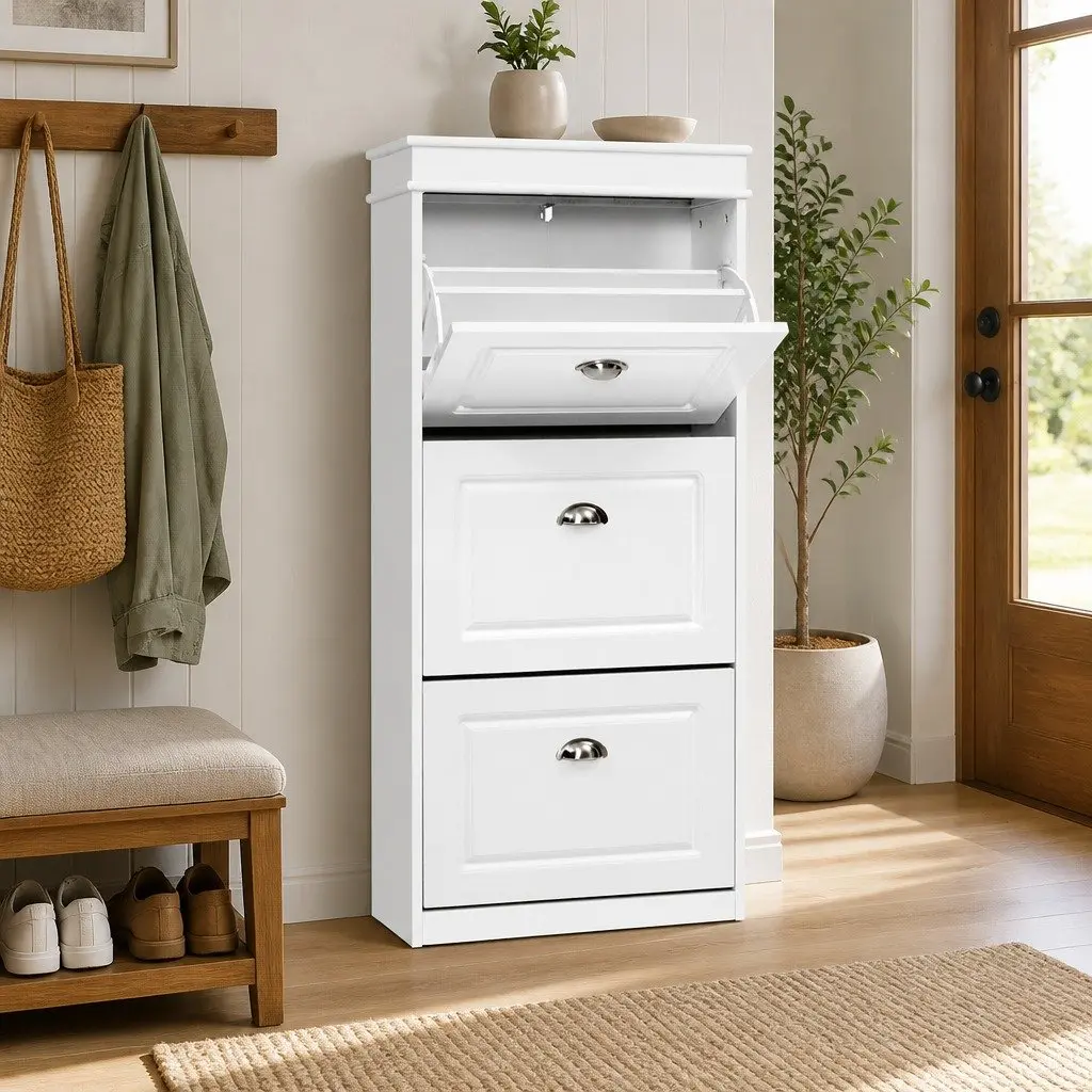 3-Tier White Shoe Rack Cabinet for 18 Pairs