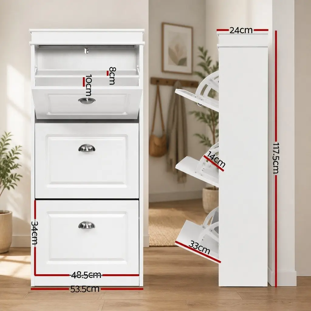 3-Tier White Shoe Rack Cabinet for 18 Pairs