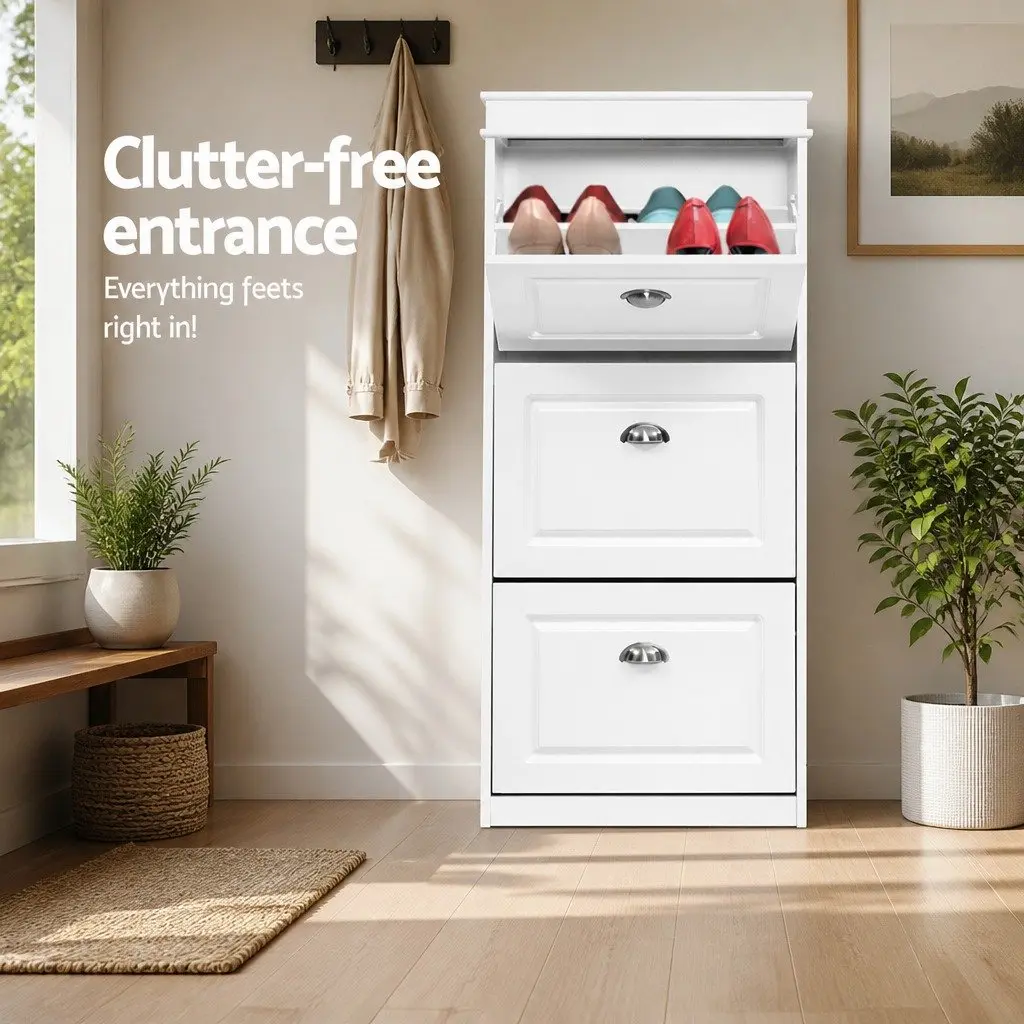3-Tier White Shoe Rack Cabinet for 18 Pairs