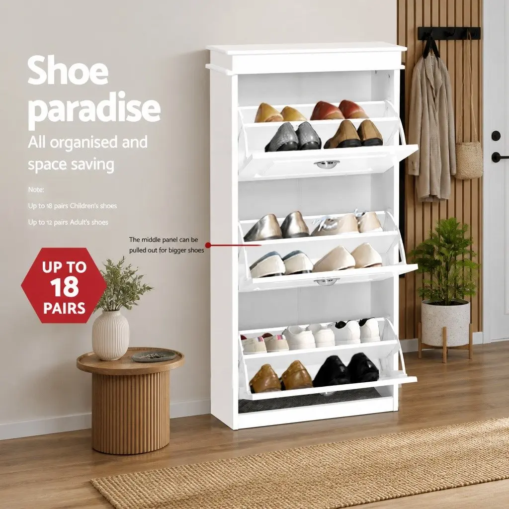 3-Tier White Shoe Rack Cabinet for 18 Pairs