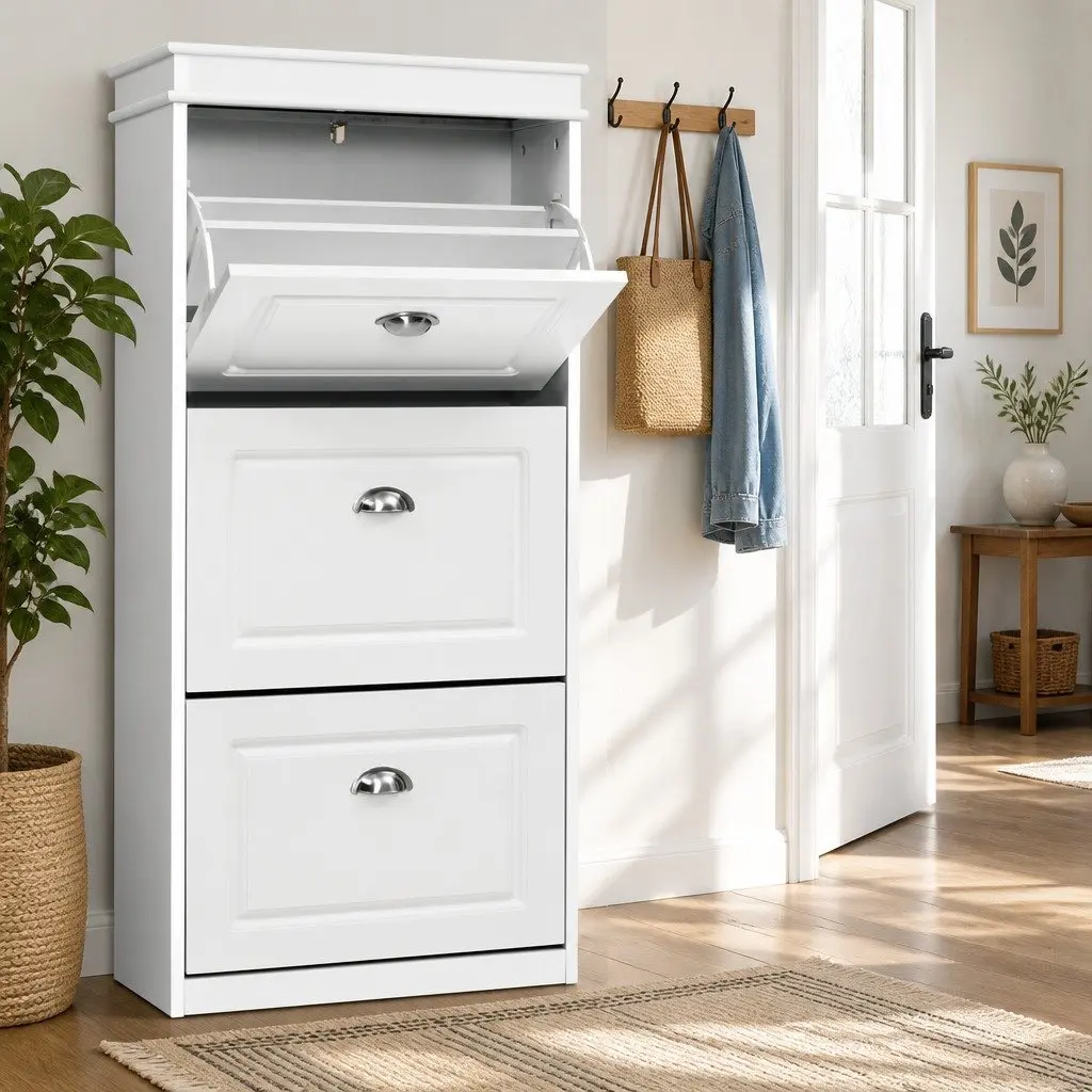3-Tier White Shoe Rack Cabinet for 18 Pairs