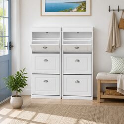 White 2-Piece Shoe Cabinet Set with 3 Flip Drawers