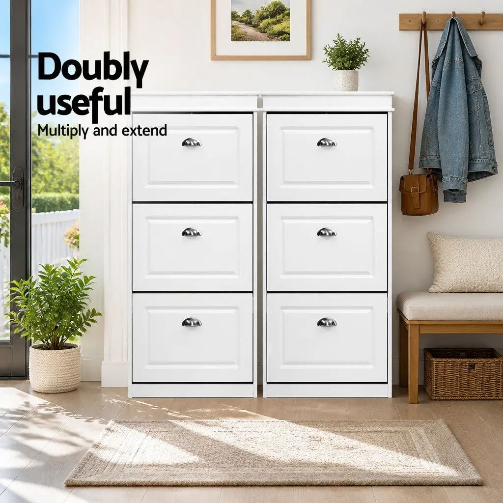 Shoe Cabinet Storage Organiser MDF 53.5cm x 24cm x 117.5cm White 2 Piece Set