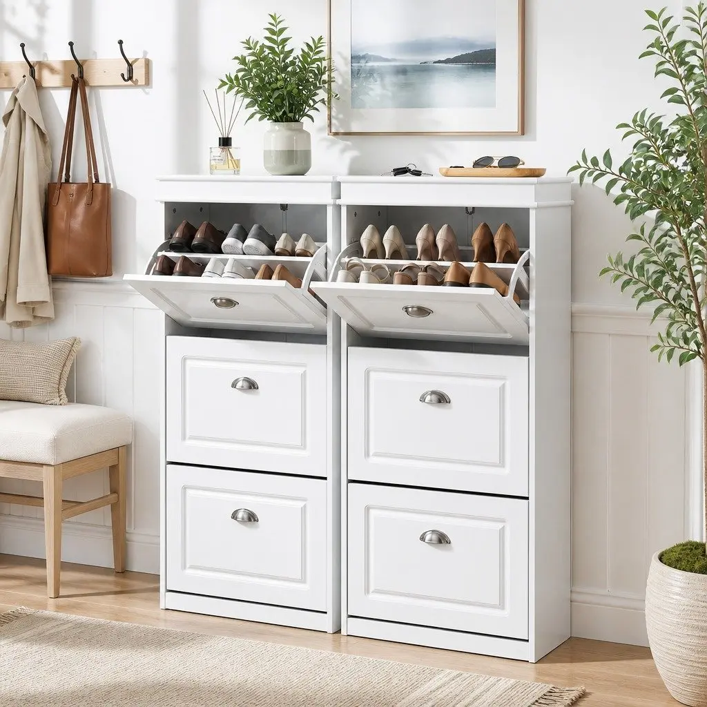 Shoe Cabinet Storage Organiser MDF 53.5cm x 24cm x 117.5cm White 2 Piece Set