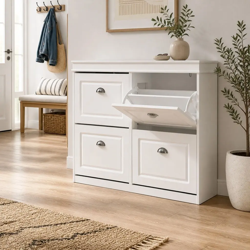 Shoe Rack Cabinet E1 MDF 4-Tier White Storage Organiser