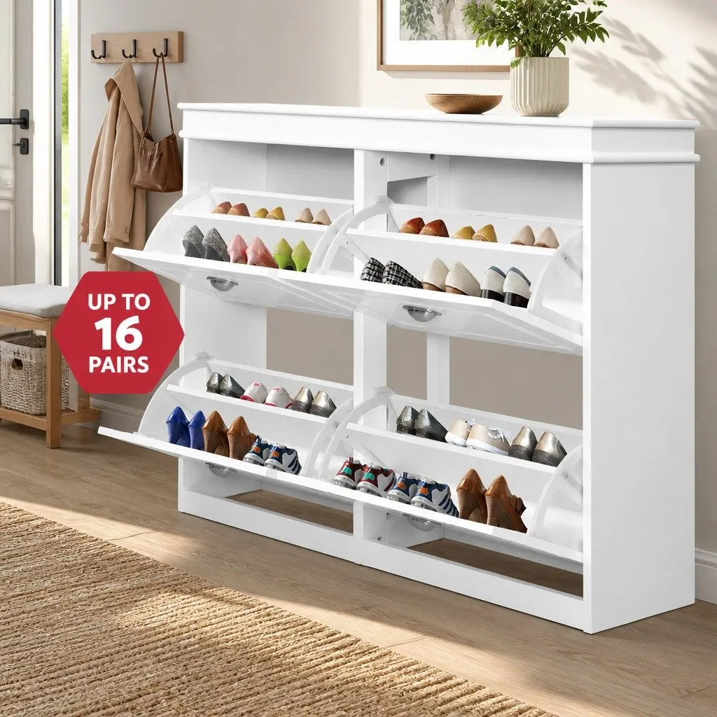 Shoe Rack Cabinet E1 MDF 4-Tier White Storage Organiser