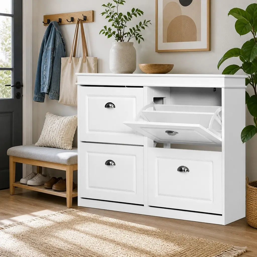 Shoe Rack Cabinet E1 MDF 4-Tier White Storage Organiser